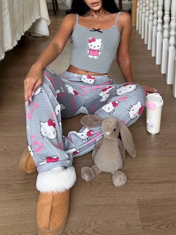Sanrio 2pcs Hello Kitty Print Ladies Camisole Short Top + Elastic Waist Long Pants Pajama Set,Two Pieces Set