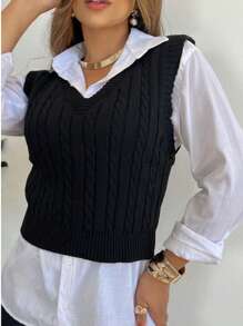 V-Neck Braided Knit Sweater Vest - Black - View 1