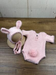 2pcs/Set Newborn Baby Photography Outfit, Soft Mink Velvet Bunny Ear Hat And Romper Set, Infant Growth Photography Props, Gift For Baby Boys & Girls
