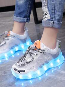 USB Rechargeable LED Light Up Mesh Breathable Sneakers For Boys, Girls, Kids, Children, Toddlers, Spring/Summer/Autumn, Casual Shoes, Running Shoes, Color Changing Night Light, Outdoor Sports Retractable Wheeled Roller Skate Shoes With LED Lights