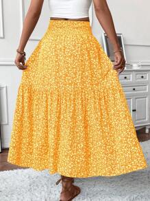 Damen Maxi Rock mit kleinem Blumenmuster, Lässig Elastikbund mit Taschen, gerüschter Saum, Damen Sommer A-Linien Langrock