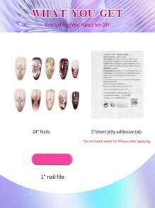 24片Y2K杏仁形3D凝胶美甲贴纸，花卉美甲设计，法式贴片，中号金属十字架装饰，珍珠设计，完美贴合亚克力假指甲套装，包含：1瓶果冻凝胶和1个指甲锉，法式杏仁形指甲，适合女性日常工作、节日、派对等场合。