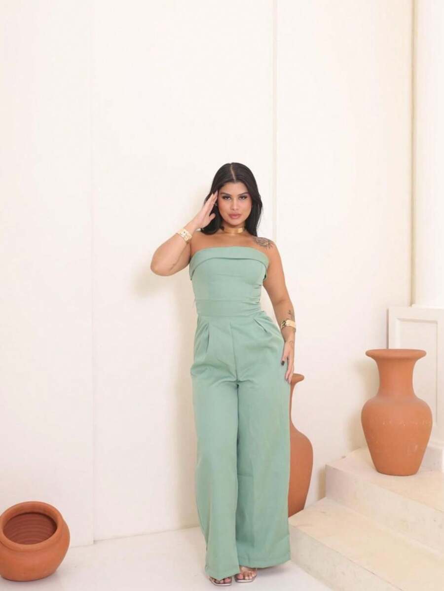 Strapless Jumpsuit With Padded Pants And Pockets, Contrasting Waist - Mint Green - View 1