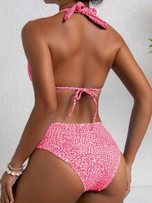 2pcs Sweet & Sexy Solid Color Tie-Up Spaghetti Strap Bikini Swimsuit Set, Beach Holiday Style - Red and White - View 3