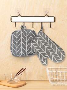2pcs Set Minimalist Linen Nordic Style Oven Mitts & Hot Pads, Heatproof For Kitchen, Baking, Cooking - Grey - View 6