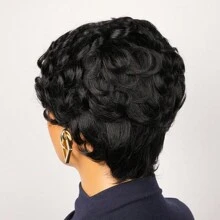 1 件女士短款卷发精灵短发真人发假发，150% 密度巴西雷米头发全机织假发，真人发黑色万圣节服装 - 黑色 - 查看 7