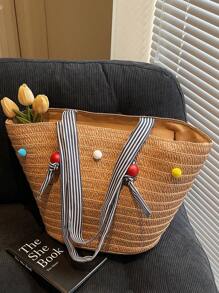 Women's Straw Woven Tote Bag, Shoulder Bag, Beach Bag, Spring - Khaki - View 4