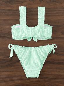 Adjustable Strap Ruched Bikini Set, Triangle Swim Bottoms With Side Tie - Green - View 2