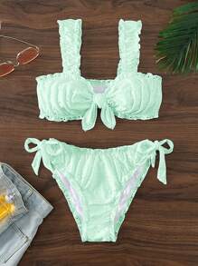 Adjustable Strap Ruched Bikini Set, Triangle Swim Bottoms With Side Tie - Green - View 1