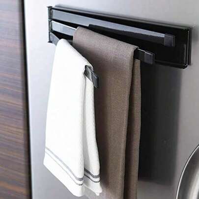 قطعة واحدة من رف منشفة/قماش ملتصق على جانب الثلاجة مغناطيسي، قابل للدوران والطي، تخزين متعدد القضبان