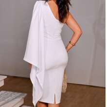 Elegant White SLIM And PLUS Civilian Bride Midi Dress - Party / Civil / Wedding / Guest - 白色 - 查看 3