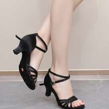 女士拉丁舞鞋软底缎面中跟新款舞鞋专业舞蹈学校生日派对聚会舞鞋 - 黑色 - 查看 6