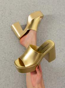 Women Chunky Platform Heeled Mule Sandals Fashion Comfort Slip On Square Open Toe Block Heel Sandals For Halloween Party Wedding Daily Wearing - Vàng - Xem 3