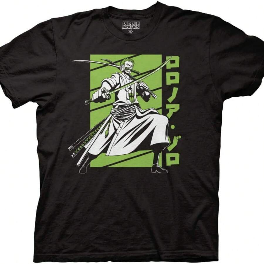 Ripple Junction One Piece Men's Short Sleeve T-Shirt Roronoa Zoro Pirate Hunter W Swords Crew Neck Officially Licensed - 黑色 - 查看 1