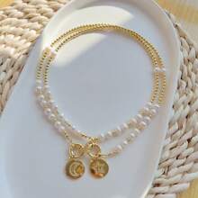 手工编织天然人造珍珠珠镀铜 14K 金人造珍珠新月吊坠多层项链，开斋节月亮星珠宝 - 彩色 - 查看 2
