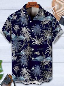 Hawaiian Coconut Tree Men's Button Pocket Short Sleeve Shirt - Navy Blue - View 2
