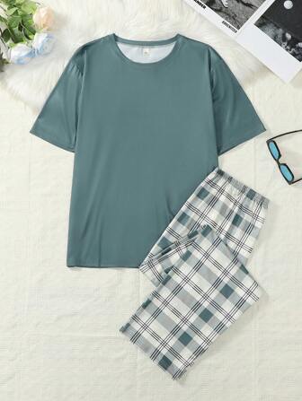 Men's Summer Thin Solid Color Short Sleeve Top And Plaid Print Pants Pajamas Set
