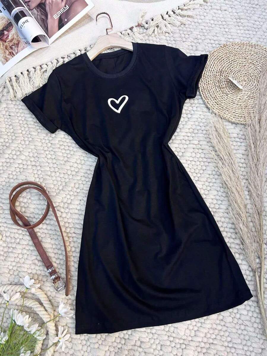 Vestido de algodão feminino Vestidos Estilo Coração Camiseta Feminina Casual Básico Cores - Preto - Visão 1