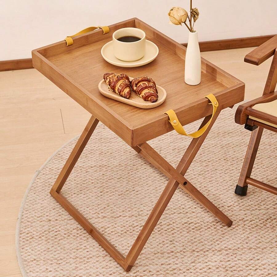 HYNAWIN Portable Side Table,Folding Bamboo Breakfast And Snack Tray Table With Handle,Portable Camping Table Outdoor,Foldable Compact Coffee And Side Table For Living Room, Bedroom - Brown - View 1