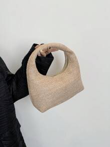 Handwoven Straw Tote Bag, Fashion Woven Crescent Shaped Casual Shoulder Bag, Woven Textured Solid Color Large Tote Bag, Versatile Commuter Handbag, Vacation Essentials, Perfectly Matching With Beach Accessories Women, Hottest Beach Bags