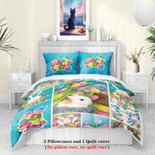 3 件套复活节主题羽绒被套装，带有格子兔子、花卉和复活节彩蛋印花图案（1 个羽绒被套 + 2 个枕套；不包括内芯），柔软舒适的床上用品套装，适合装饰男士和女士房间、卧室和商务酒店， - KKL-SJT0392 - 查看 6