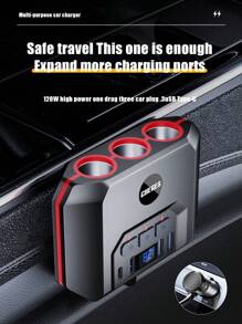 1pc 3-In-1 Car Charger With 4 USB Ports, Car Cigarette Lighter Adapter With Voltage Display And Switch - Black - View 1