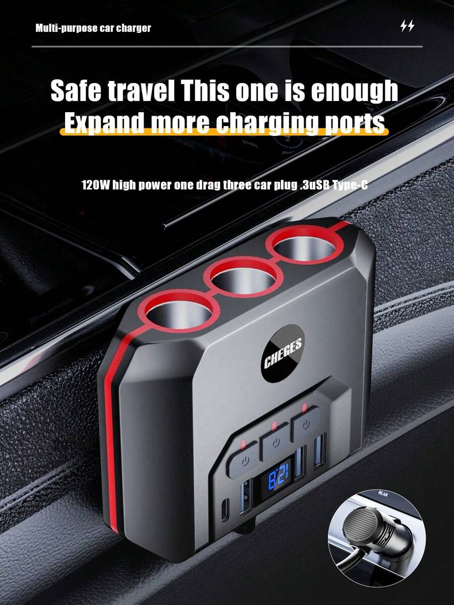 1pc 3-In-1 Car Charger With 4 USB Ports, Car Cigarette Lighter Adapter With Voltage Display And Switch - Black - View 1
