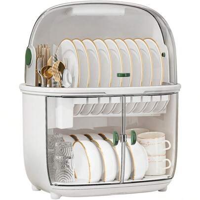 HOHOBLA 2 Tiers Dish Drying Rack Drain Board With Lid Cover, Kitchen Plate Cup Tray Cutlery Drainer, Transparent Magnetic Suction Doors Bowl Drying Rack Chopsticks Holder Dishes Organizer Tableware Cabinet