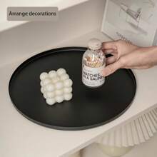 1pc Minimalist Metal Decorative Tray, Round Black Color, Suitable For Potted Plants, Candles, Cosmetics Storage, Desktop Organization