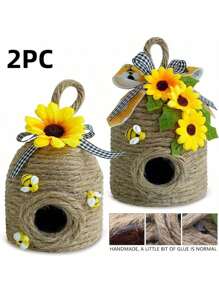 2Pcs Bee Hive Decor, 2 Packs Bumble Bee Rustic Decor Hive, Natural Bee House, Bumble Bee Theme Party Decor Spring Summer Rustic Farmhouse Kitchecn Table Decor, Honey Bee Tiered Tray Decor Best Gifts Birthday Graduation