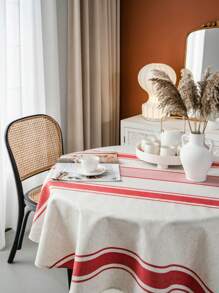 1pc Red Stripe Circular Tablecloth, Retro American Style Round Table Decor, Bedroom Nightstand, Round Coffee/TV Stand Decoration, Home Decor