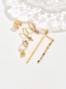 7pcs/Set Colorful Zirconia Earrings Set, Elegant & Simple Style, Suitable For Ladies Dating, Party, Everyday Wear - Yellow Gold - View 3