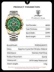 POEDAGAR 1 件男士运动手表，防水计时码表，夜光不锈钢豪华石英表 + 礼盒