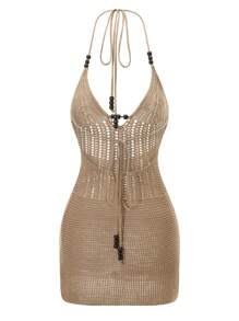 Women Y2k Halter Mini Dress Knit Crochet Hollow Out Sexy Sleeveless Backless Bodycon Dress Casual Summer Beach Vacation Cut Out Coverups Club Streetwear Beach Cover Up Dress - 卡其色 - 查看 5