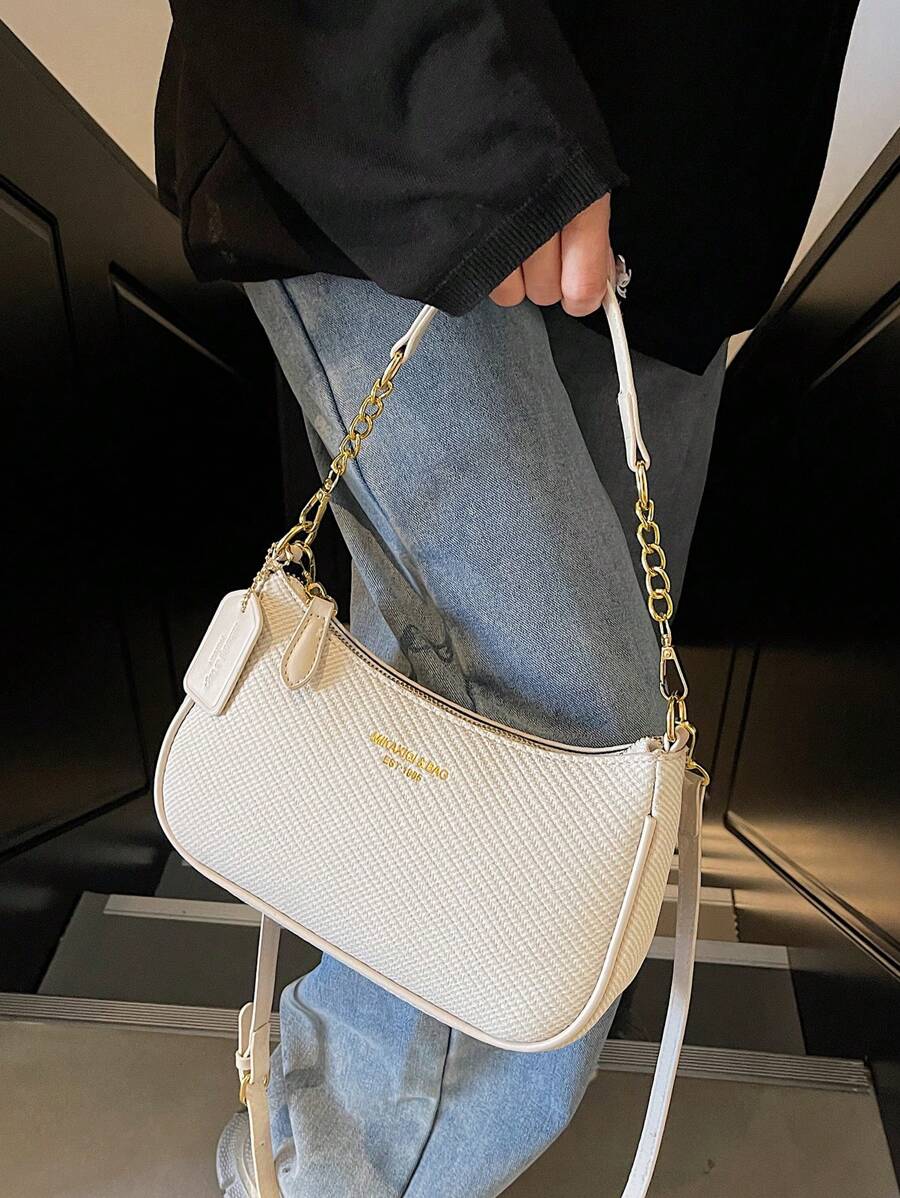 New Elegant Solid Color PU Underarm Bag, Metal Chain Handle Women Shoulder Bag