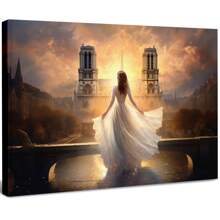 Woman In White Dress Standing On Bridge Large Wooden Framed Wall Painting Artist Home Decoration Oil Painting - Bedroom, Bathroom, Living Room, Office, Kitchen, Christmas Gifts - 1 Piece - Multicolor - View 1