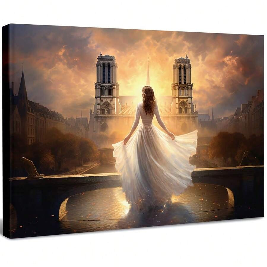 Woman In White Dress Standing On Bridge Large Wooden Framed Wall Painting Artist Home Decoration Oil Painting - Bedroom, Bathroom, Living Room, Office, Kitchen, Christmas Gifts - 1 Piece - Multicolor - View 1