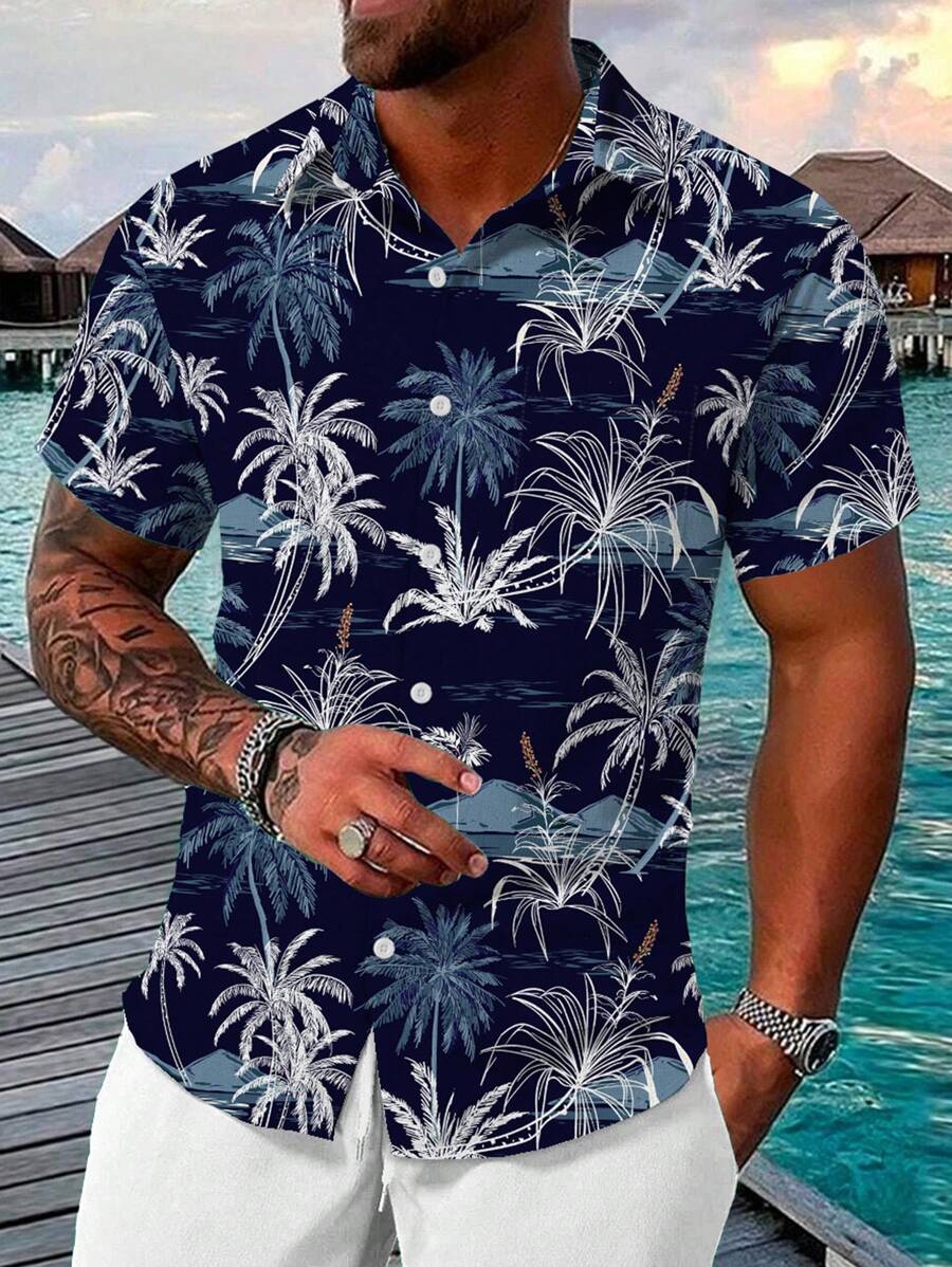 Hawaiian Coconut Tree Men's Button Pocket Short Sleeve Shirt - Navy Blue - View 1