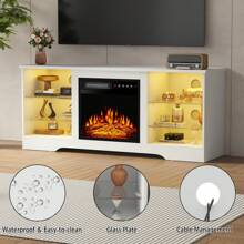 [2 Packages Shipping]Fireplace TV Stand - With 18" Electric Fireplace Heater & Remote Control, 58" TV Media Console With Glass Shelves And Storage For Living Room,Thanksgiving,Christmas  Gift - 白色 - 查看 3