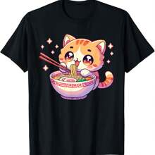 Cute Kawaii Anime Cat Eating Ramen Noodles Women Girls Tees T-Shirt