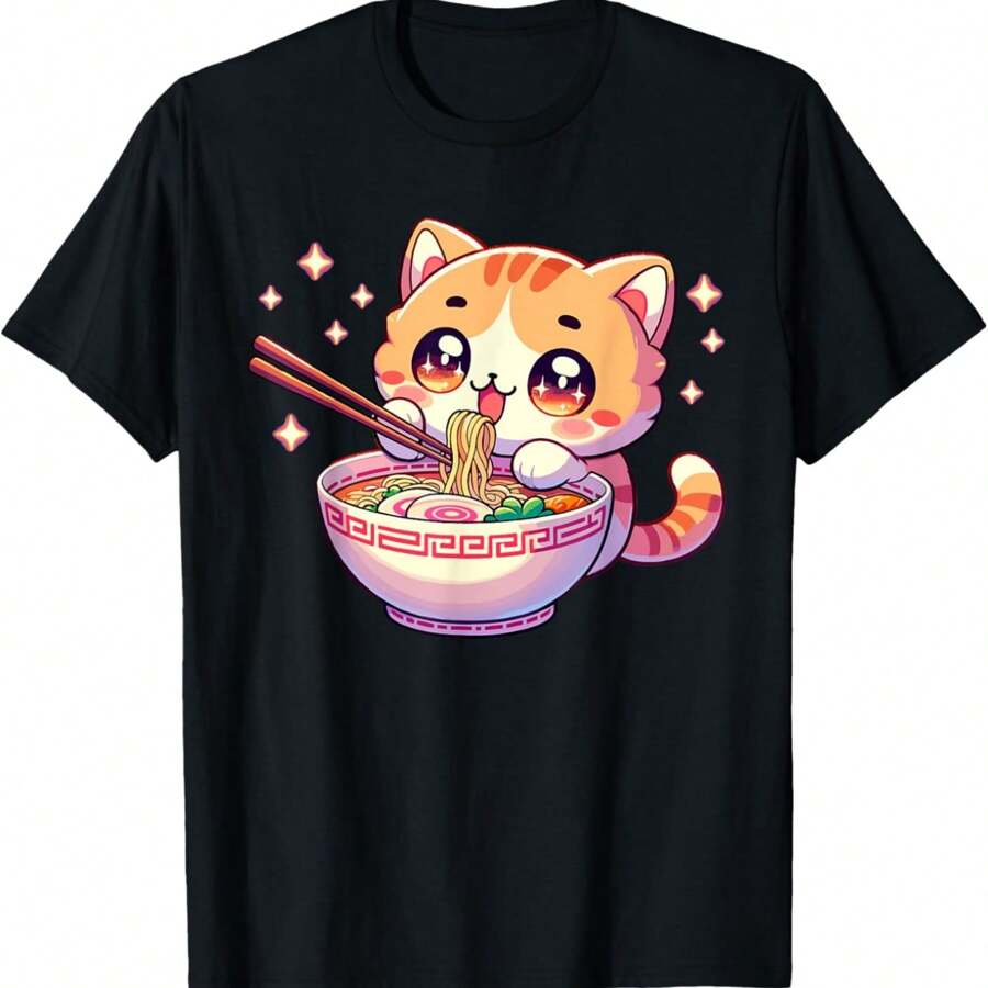 Cute Kawaii Anime Cat Eating Ramen Noodles Women Girls Tees T-Shirt