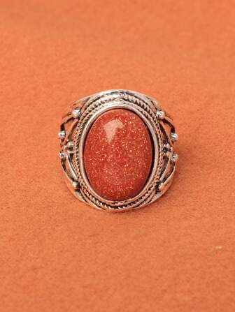 1 pièce Bague de style vintage en alliage de zinc avec pierre d'œil de tigre, bague de vacances rétro en pierre naturelle, plusieurs couleurs disponibles (la texture rayée varie)