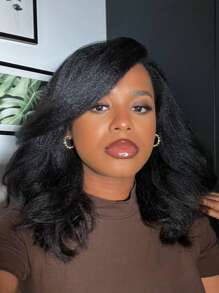 Yaki Kinky Straight Glueless Loose Wavy Bob Wigs Big Small Lace Front Body Wave Wig Synthetic Curly Lady Side Part Natural Hairline Wigs For Women (Black, 16 Inches) - Black - View 2