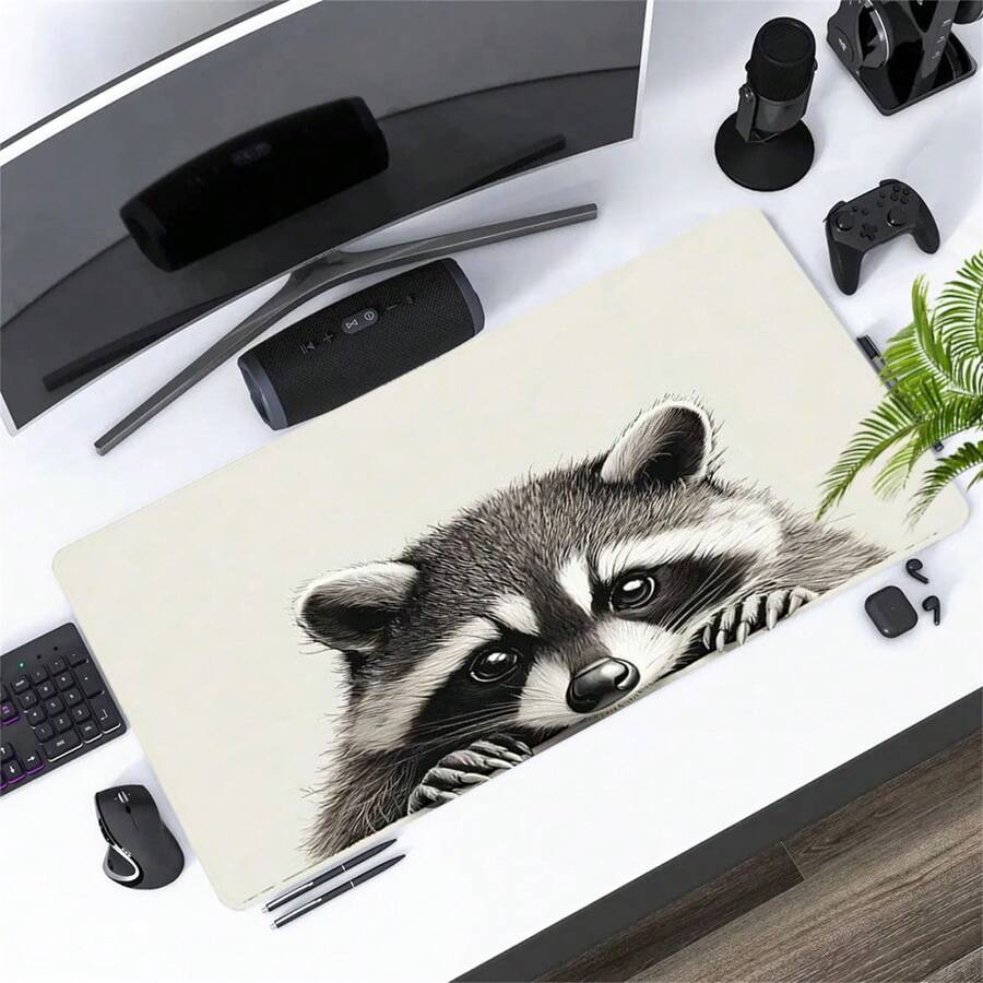 Cartoon Raccoon Mouse Pad Cute Animal Large Desk Mat 35.4x15.7 Inch Desk Accessories Rubber Base With Stitched Edge Non-Slip Keyboard Pad For Office Home Computer As Gifts For Men Women Friends - Multicolor - View 1