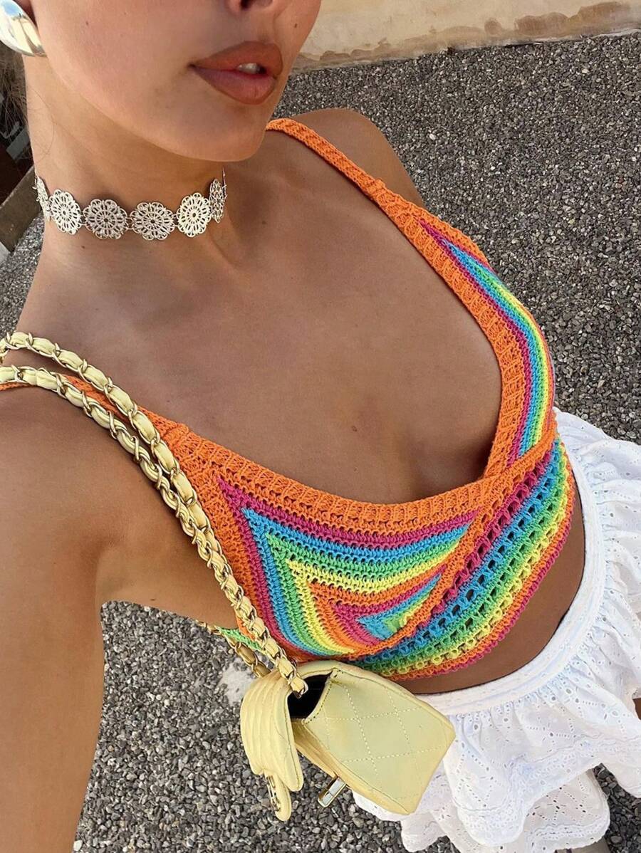 美丽夏装撞色性感上衣比基尼沙滩装女式针织文胸，蜜月婚礼季海滩度假风格泳衣，辣妹夏威夷风格度假装女式露脐上衣