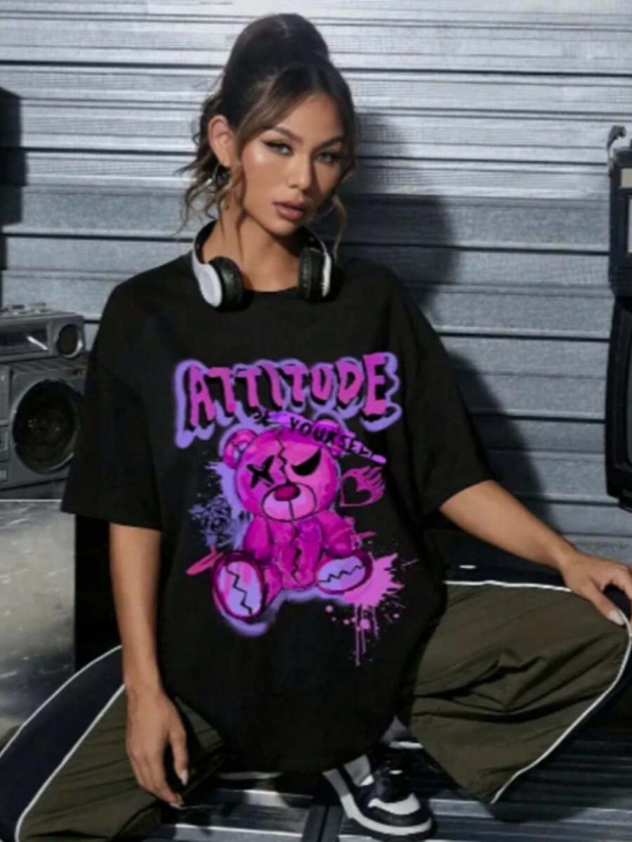 Women's T-Shirt Drop Shoulder Bear Attitude Streetwear T-Shirt Blogger Shirt