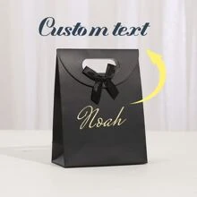 1pc Customized Gift Bag With Name, Valentines Gift Bag Flap Bow Handled Paper Bag Gold Font Gift Bag Souvenir Kraft Paper Bag, Customized Gift Bag,SummerHoliday - Black - View 3