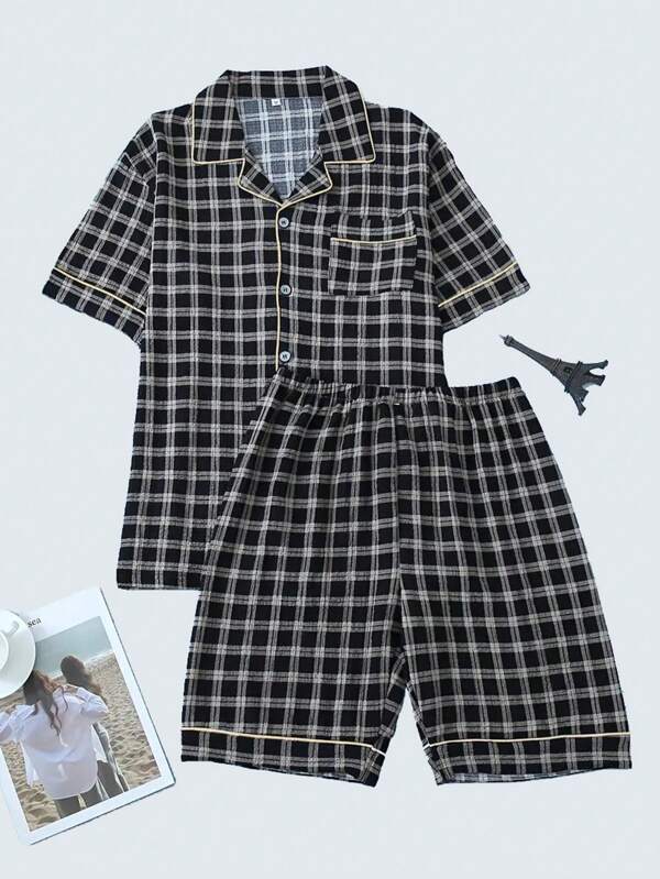 AICJ 2 pièces Ensemble pyjama vintage à carreaux, chemise polo et short, pour hommes. Coupe côtelée confortable, convient pour le printemps, l'été et toute la saison