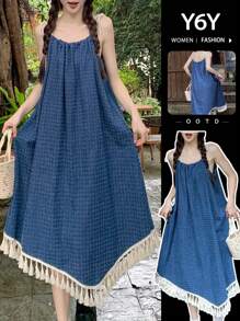 [Y6Y] 绑带连衣裙 | 甜美温柔夏日穿搭，不对称下摆流苏设计吊带裙，沙滩休闲度假连衣裙