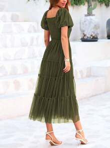 Women's  Summer Pleated Mid-Length Tulle Dress Puffy Short Sleeve Square Collar Ruffled Wedding Guest Graduation Party Dress - xanh quân đội - Xem 4